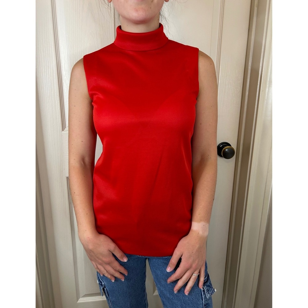 Vintage Red Sleeveless Turtleneck Top Back Zipper Retro Knit Shell Crimson